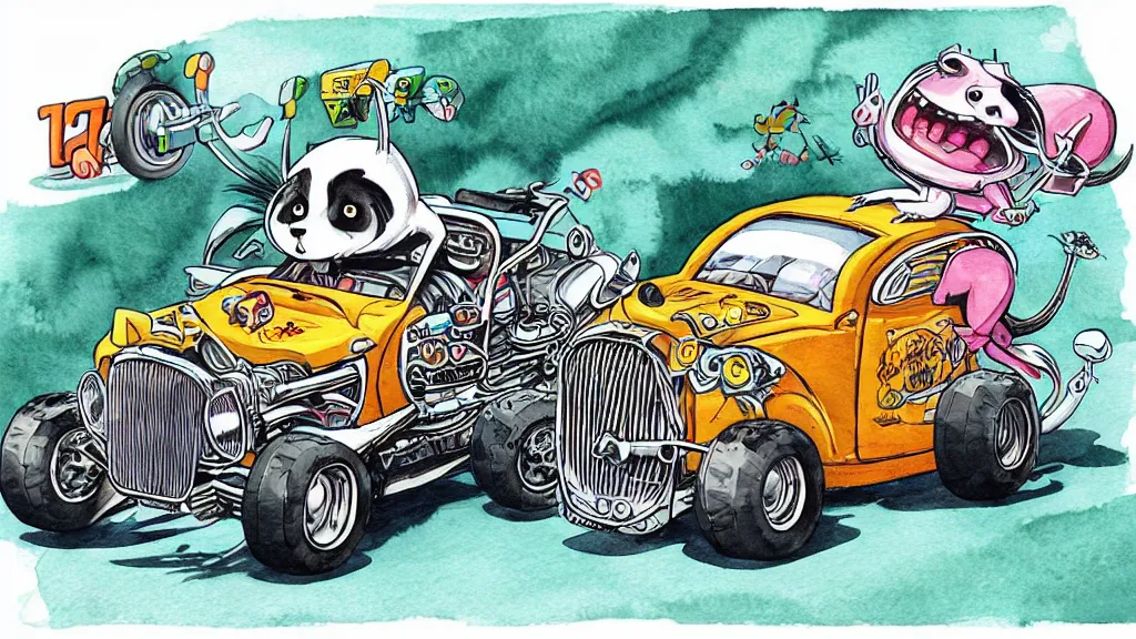 Prompt: cute and funny, racoon riding in a tiny hot rod coupe with oversized engine, ratfink style by ed roth, centered award winning watercolor pen illustration, isometric illustration by chihiro iwasaki, edited by range murata