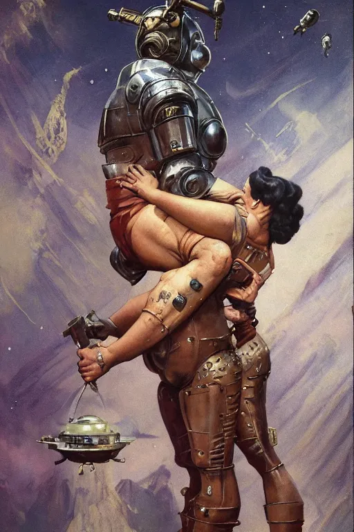 Image similar to 5 0 s pulp scifi fantasy illustration full body portrait martyn ford as huge troll wearing space armour and carrying a woman, by norman rockwell, roberto ferri, daniel gerhartz, edd cartier, jack kirby, howard v brown, ruan jia, tom lovell, frank r paul, jacob collins, dean cornwell, astounding stories, amazing, fantasy, other worlds