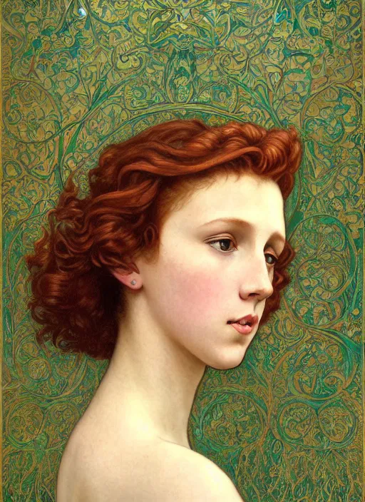 Image similar to intricate art nouveau portrait oil painting of redheaded young millie bobby brown with long hair blowing in the wind, wearing an intricate green lace dress, highly detailed, intricate golden symmetric pattern background, elegant, digital painting, smooth, sharp focus, illustration, ultra realistic, 8 k, by bouguereau, alphonse mucha, artgerm, and donato giancola