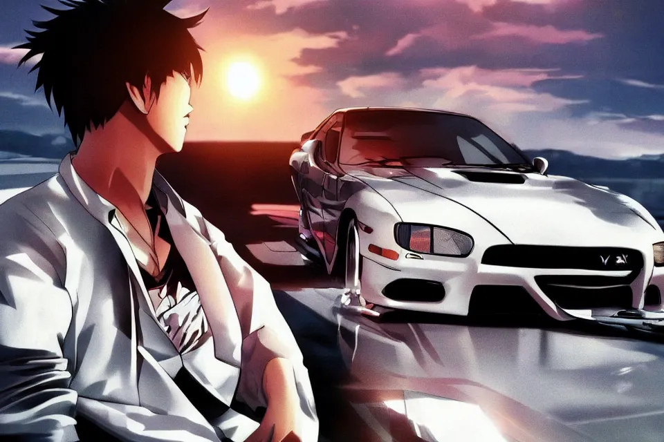 Image similar to aesthetic illustration of ryosuke takahashi with black hair, standing by his white glossy mazda rx 7 on an empty highway at sunrise, cinematic lighting, initial d anime 1 0 8 0 p, detailed anime face, high detail, 9 0 s anime aesthetic, volumetric lights, rule of thirds, unreal engine 5 render, pinterest wallpaper, trending on artstation