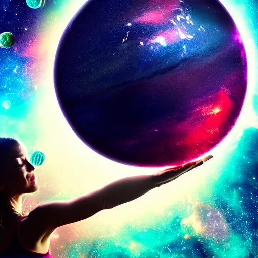 Image similar to yoga instructor holding planet in space, trending high quality art station, cinematic shot, magical colors and atmosphere, perfect composition, coherent, 8 k