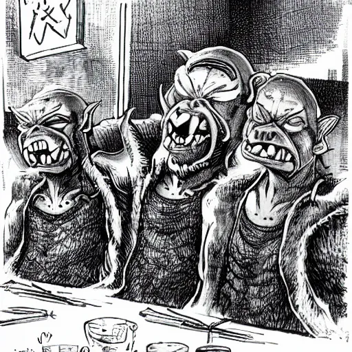 Image similar to orcs at a fancy restaurant ordering manflesh from the menu H- 1024 W- 1024