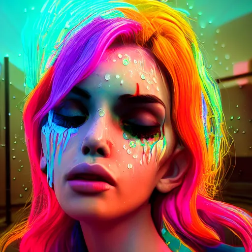 Prompt: cartoon portrait made out of rain, neon colors, rendered in octane, unreal engine, highly detailed, realistic, beautiful, emotional