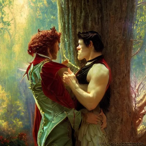 Image similar to attractive male fairy of the forest confesses his love to attractive male dracula the vampire. highly detailed painting by gaston bussiere, craig mullins, j. c. leyendecker 8 k