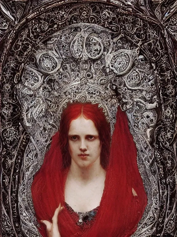 Image similar to a beautiful render of a catholic veiled red queen with symmetry intricate detailed ,by Andrei Riabovitchev,Lawrence Alma-Tadema,aaron horkey,Billelis,trending on pinterest,gold,golden ratio,cinematic lighting