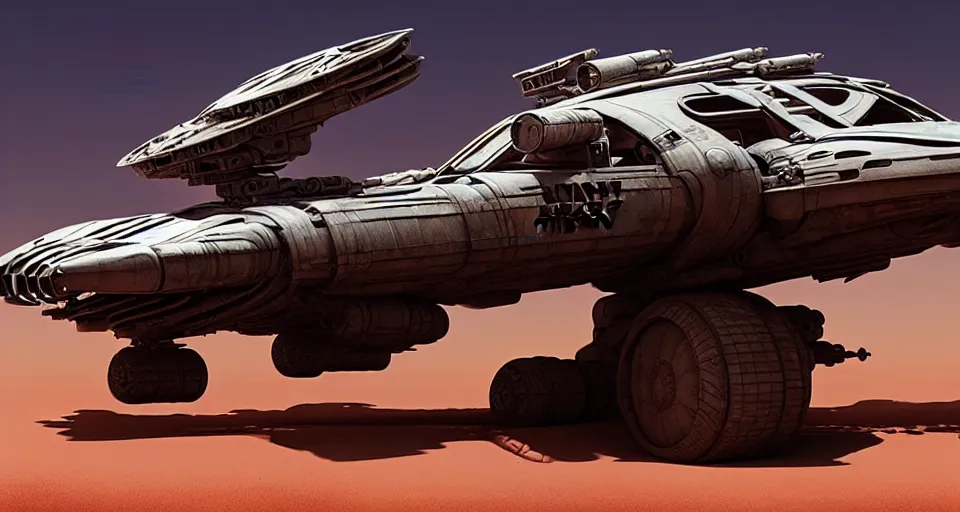 Image similar to highly detailed cinematic syd mead scifi render of 3 d sculpt of fury road spaceship, guardians of the galaxy, star wars, maschinen krieger, raphael lecoste