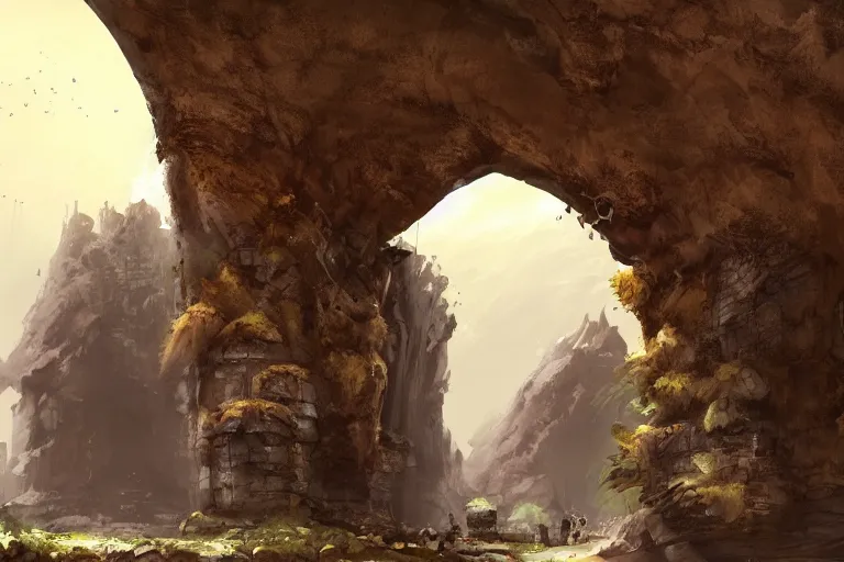 Prompt: A citadel under huge rock arches, concept art, artstationhq