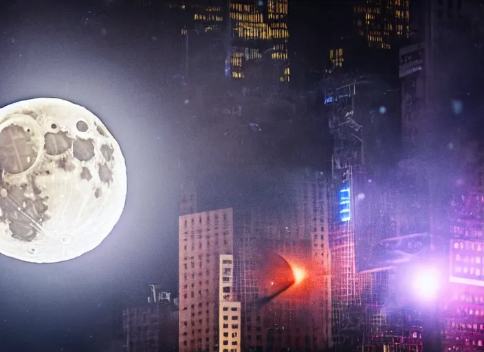 Prompt: film still of the moon shattering into pieces exploding moon over time square in the new sci - fi movie, 8 k, night time