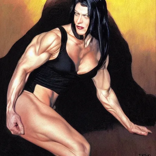 Prompt: woman with black hair, dressed all in black, showing the muscles of her arms, by donato giancola, alex ross, and berthold woltze.