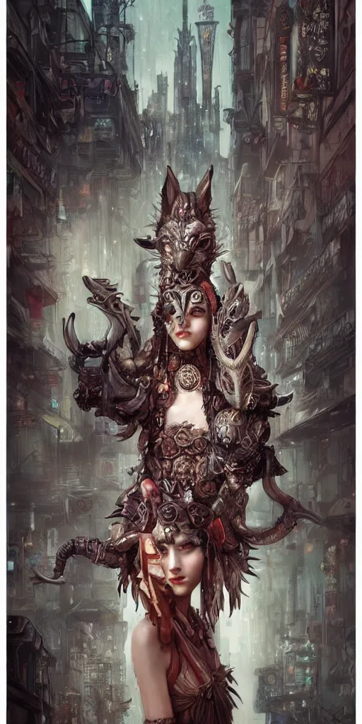 Image similar to hyper realistic Princess Mononoke, ornate mask, wet market street, cyberpunk metropolis, city landscape, jewels, full body pose, wolves, style of tom bagshaw, mucha, james gurney, norman rockwell, denoised, sharp