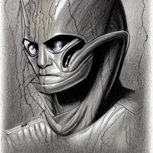 Image similar to Hand drawn illustration of a space alien, by James Gurney in the style of a pencil sketch.