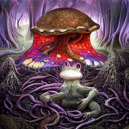 Image similar to sleep paralysis while on mushrooms, mushroomcore, naturecore, high quality art, digital art, extreme detail, masterpiece