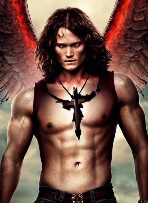 Prompt: Sam Winchester as a half-muscular half-blood angel with a big cross pendant and religious tattoos on chest and neck, stained and bleeding, magic overlays, magic flames, open portal with runes in the background, romance book cover style, D&D illustration style, (octane render) fantasy style, sharp focus, ultra detailed, art by Artgerm and Peter Andrew Jones, Ayami Kojima, Amano and Olivier Ledroit