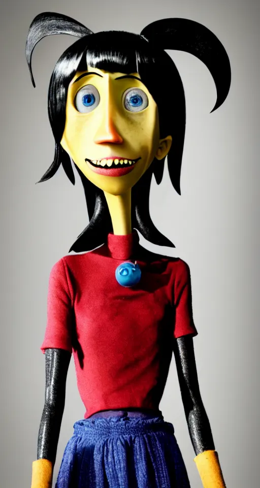 Image similar to a well composed 4k award winning sharp and detailed digital photograph of Coraline Jones from Coraline (2009) as a real human, realistic photo