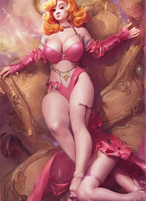 Prompt: princess peach as a heroine with lingerie, really large bosum, digital photo, ambient lighting, smooth, sharp focus, illustration, in - frame, centered, by artgerm and donato giancola and joseph christian leyendecker, ross tran, wlop