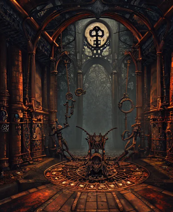 Image similar to steam necropolis, memento mori, gothic, neo - gothic, art nouveau, hyperdetailed copper patina medieval icon, stefan morrell, philippe druillet, ralph mcquarrie, concept art, steampunk, unreal engine, detailed intricate environment, octane render, moody atmospherics, volumetric lighting, ultrasharp, ominous, otherworldly