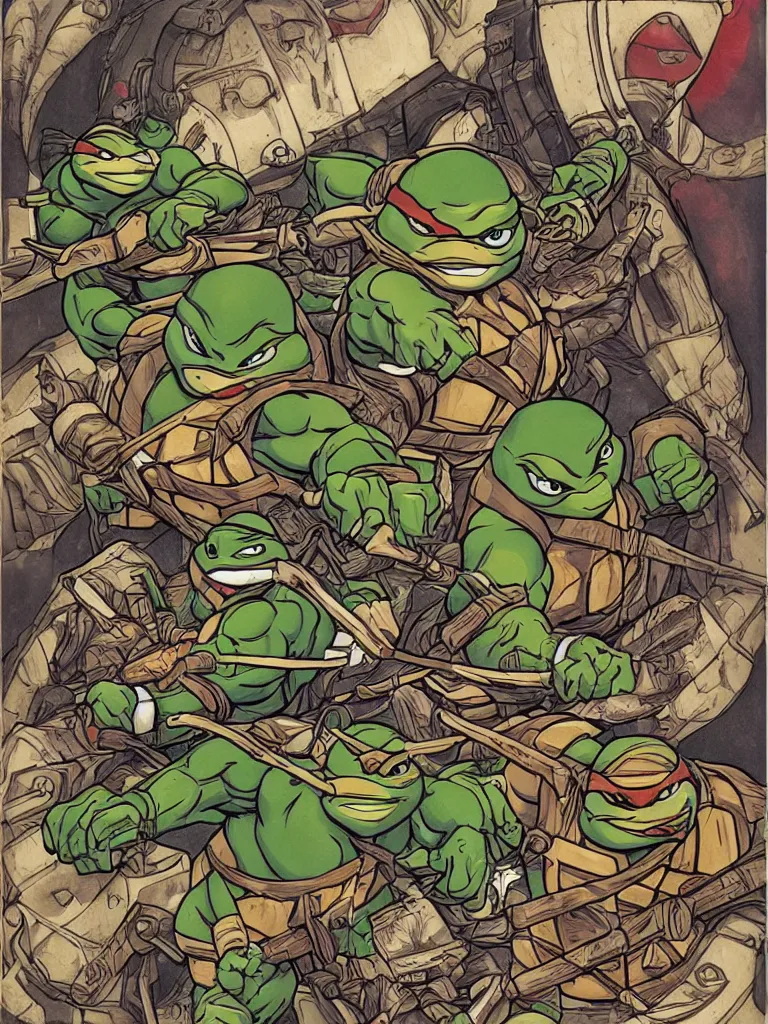 Image similar to art nouveau teenage mutant Ninja turtles