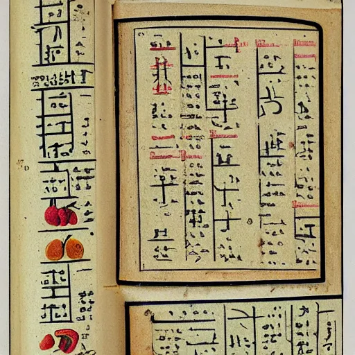 Prompt: pages from a long lost ancient book, written in an alien language, diagrams of different fruits