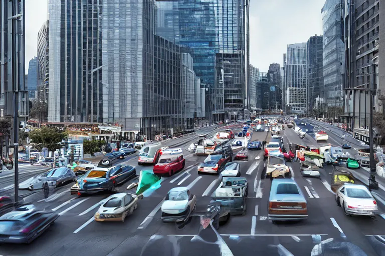 Image similar to street view of a city in 2020, cars and traffic