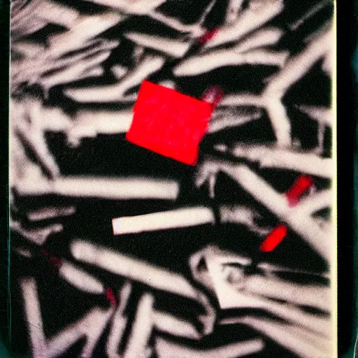 Prompt: analog photograph polaroid of notebook pages, scrapbook, photos and text, scribbles, scary, diy, zine, serial killer writing, black ink, red color bleed, film grain, composition