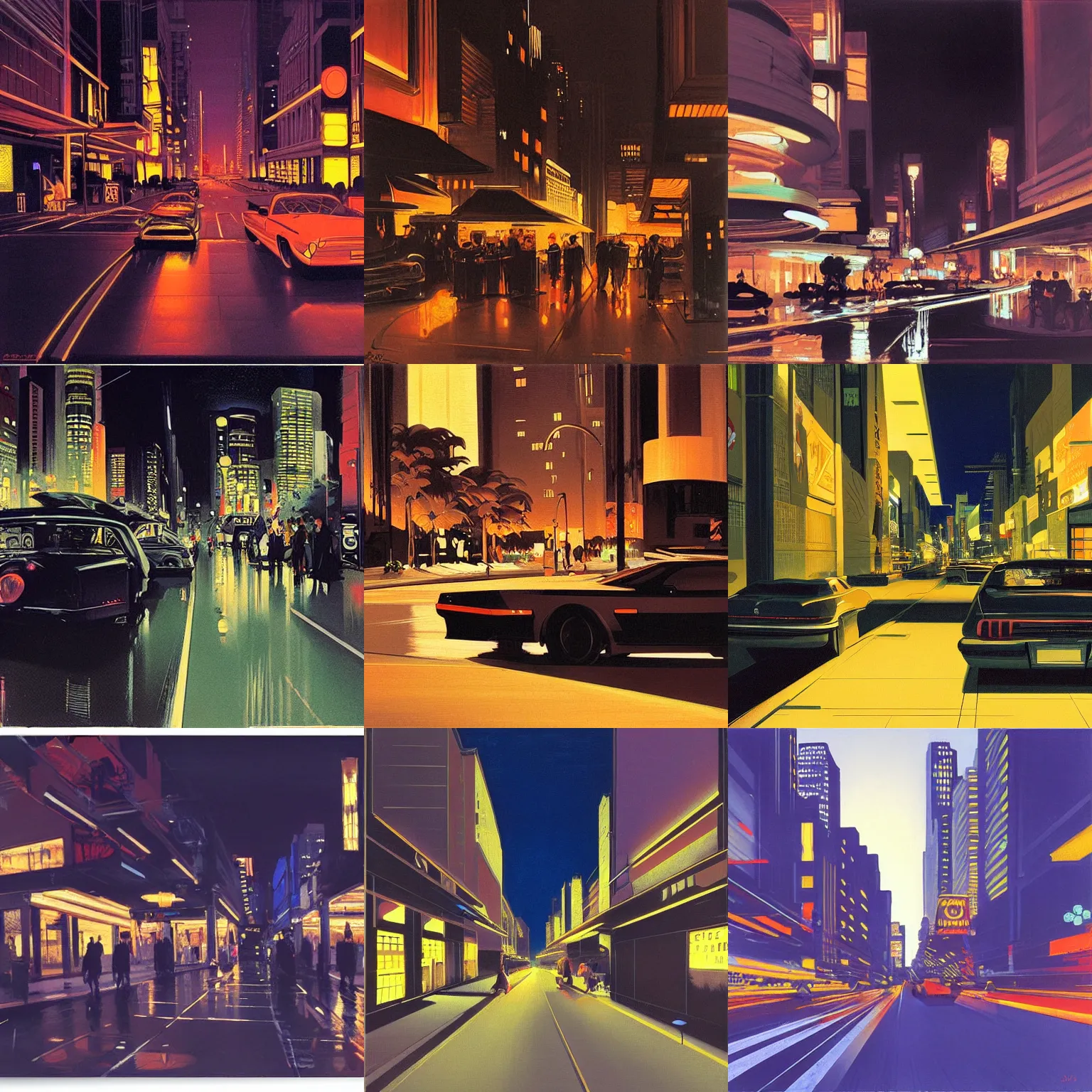 Prompt: A city street at night by Syd Mead
