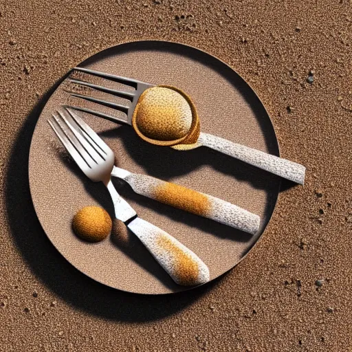 Image similar to a hyperdetailed fork made of sand, 3 d render, ultra high detail, octane render, rtx, hdr, the fork has a sand texture, the fork is on a plate, the plate is on a wooden table.