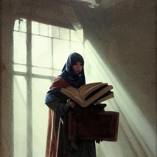 Image similar to half portait of magican wearing a closed cowl and big old book! chained to the wrist, jeremy mann, jean - leon gerome, tiepolo, alphonse mucha, greg rutkowski, face in the shadows, ( ( ruins of ancient rome ) ), at dusk, mysterious atmosphere, sunrays, dof, high detailed, 8 k