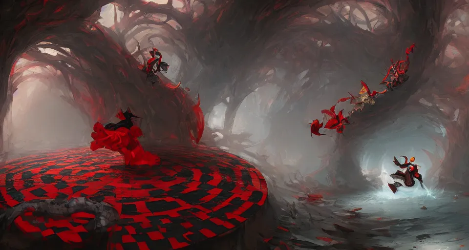 Prompt: a warping tunnel of red and black checkerboard pattern with a jester dancing in it by peter mohrbacher, vivid colors, matte painting, 8K, concept art, mystical color scheme, trending on artstation