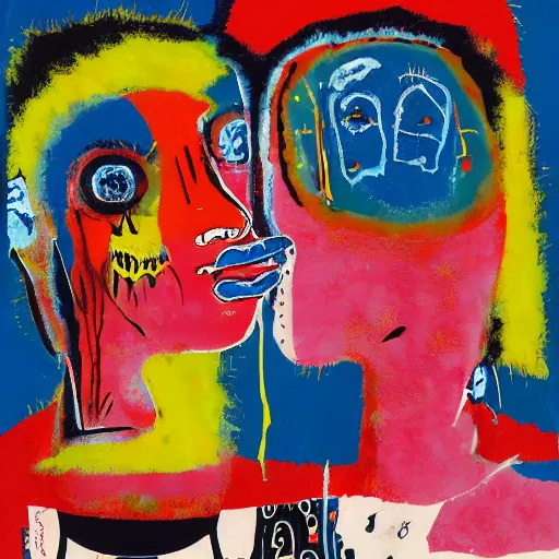 Image similar to acrylic painting of two bizarre psychedelic women kissing in japan in winter, speculative evolution, mixed media collage by basquiat and jackson pollock, maximalist magazine collage art, sapphic art, psychedelic illustration