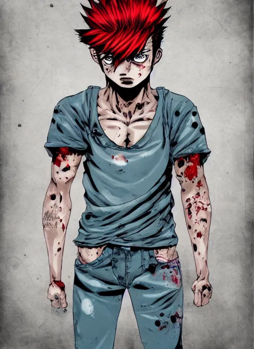 Prompt: a young man of 2 5 years old, with a bruised face and bruises, is standing in a doorway in a boxer's stance, casual clothing style, by james jean art, by boichi manga style, hairstyle red mohawk, cold colors, comics style, angry 8 k