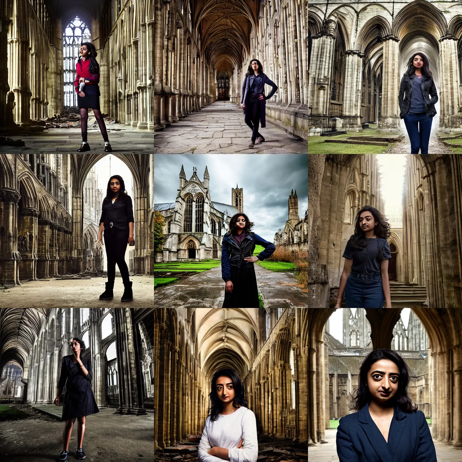 Prompt: Radhika Apte as an urban explorer, exploring the ruins of Canterbury Cathedral, dramatic lighting, HDR, candid portrait photography by Annie Leibovitz, extremely detailed, 4k, high quality