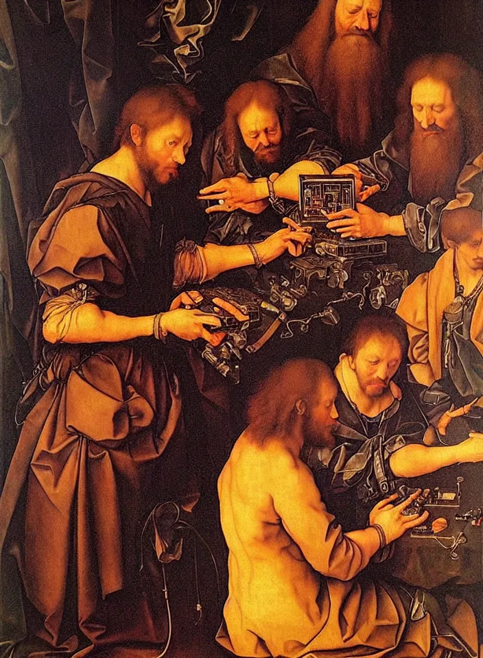 Image similar to Men playing video games on CRT television using Atari joysticks. Painting by Albrecht Dürer. Intricate details. hyper realism. Masterpiece.