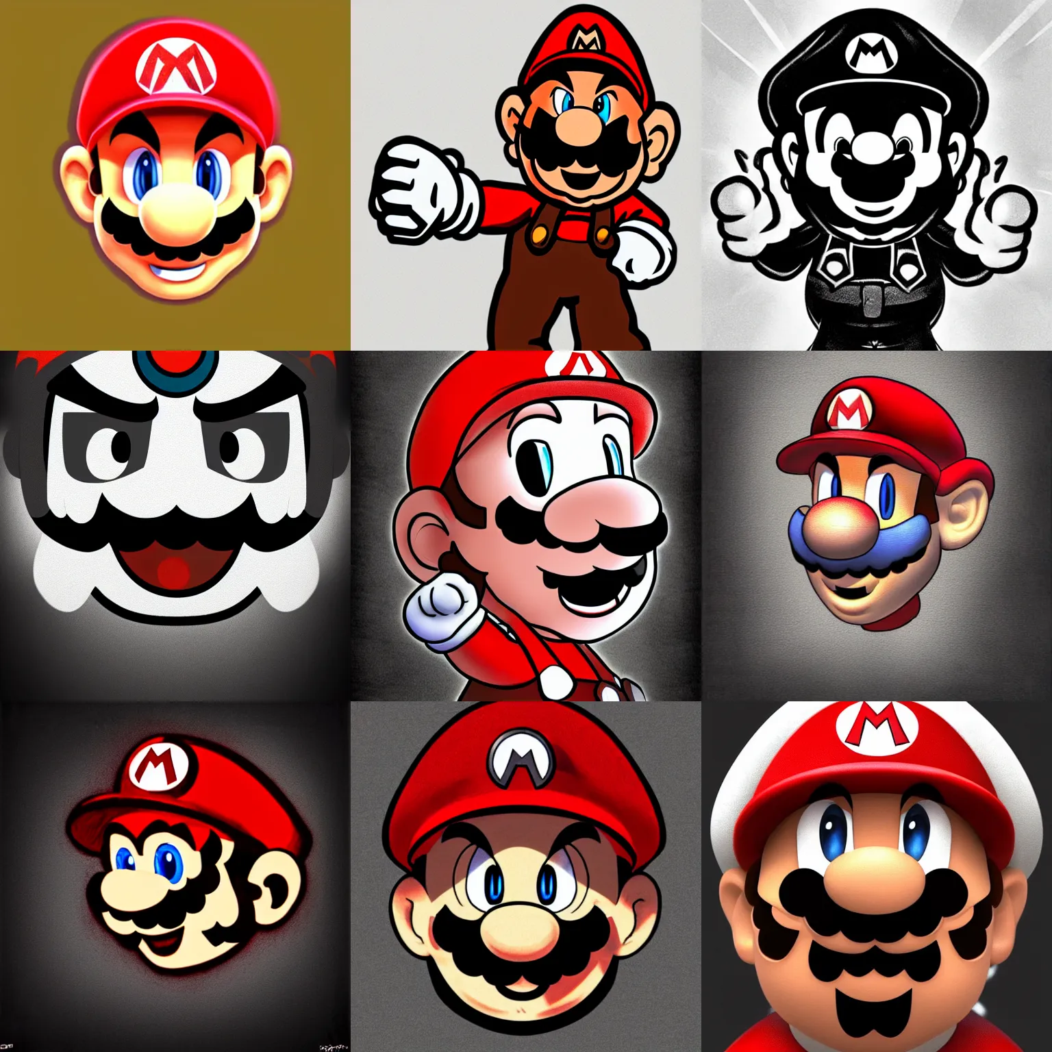 Prompt: videogame fanart of super mario facing camera, expression of malice and anger, low emotion, focused gaze, faded and limited color palette, red selective coloring + monochrome, striking artstyle with sharp shadows, digital art