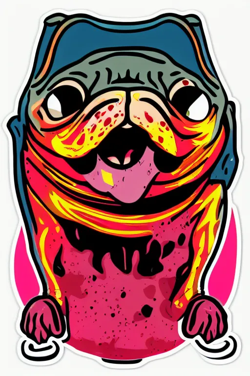 Image similar to Evil pug, sticker, blood thirsty, blood, evil, colorful, illustration, highly detailed, simple, smooth and clean vector curves, no jagged lines, vector art, smooth