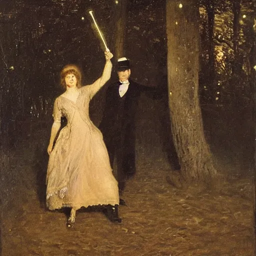 Prompt: young victorian man and woman traversing a dark maze, the man holding a torch, the woman hiding behind him, by alfred stevens