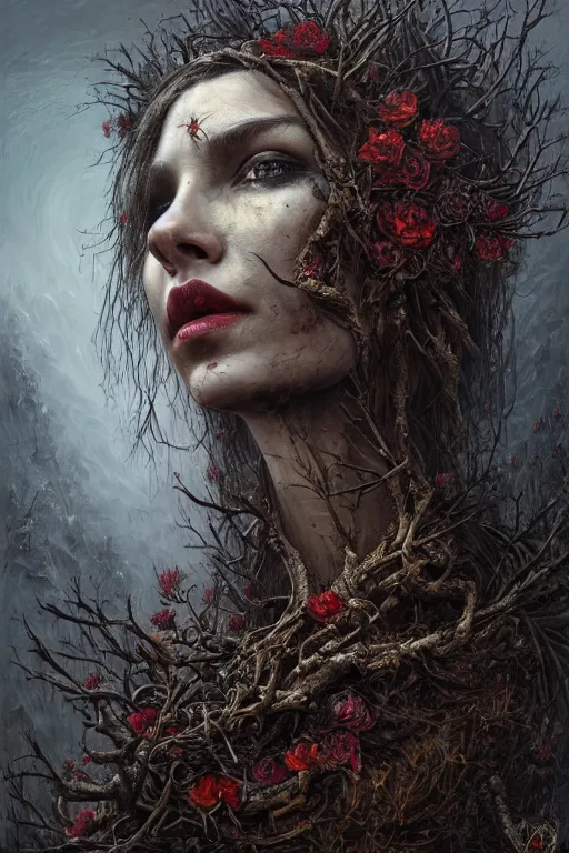 Image similar to wide perspective, very complex hyper-maximalist overdetailed cinematic darkfantasy portrait of a beautiful woman bound by thorns in a rotting bog by andrei riabovitchev, tomasz alen kopera, oleksandra shchaslyva. Omnious intricate, octane, Deviantart, hyper detailed illustration, 8k