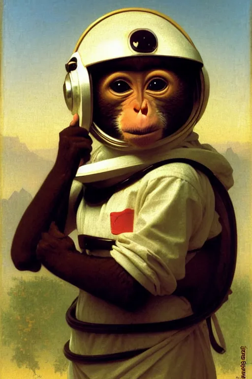 Prompt: portrait of one monkey in astronaut helmet, by bouguereau