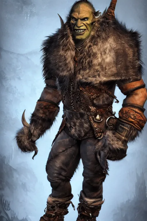 Image similar to A full body shot of a handsome orc looking into the camera wearing a leather fur jacket and boots, full body shot, detailed face, portrait, artstation, realistic, highly detailed, symmetrical, D&D, Dungeons & Dragons, hyper realistic, dynamic pose, high detail, octane render, unreal engine, 8k, fantasy art, highly detailed, concept art