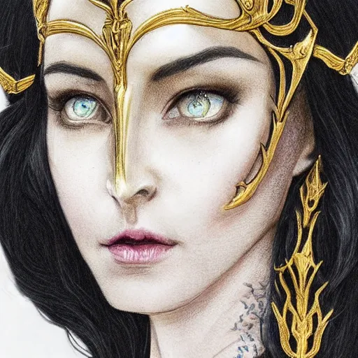 Prompt: side portrait of elven royalty, princess, queen, fantasy, black hair, gold armour, gold jewelry, white skin, detailed face, trending on artstation, gsociety, D&D, elegant, highly detailed, hyperrealistic, realistic eyes, detailed illustration, smooth, sharp focus, upper body, intricate, rule of thirds, holy glow, backlit, hd 4k by Greg Rutkowski, Alphonse Mucha, Ayami Kojima, Charlie Bowater, Kentaro Miura, Karol Bak