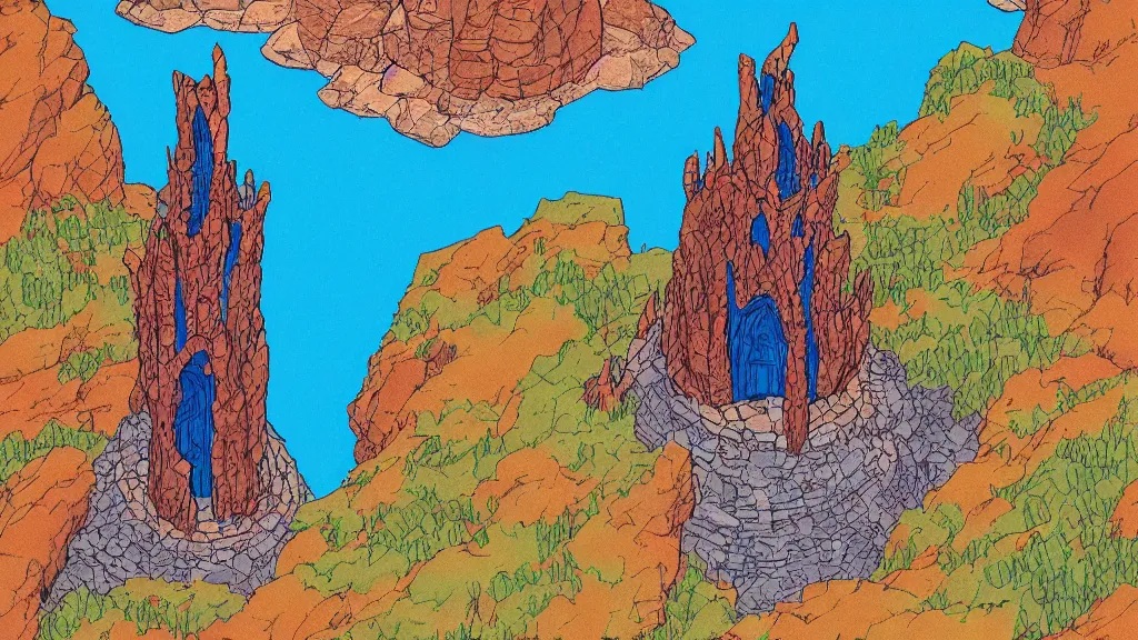 Image similar to Aerial view of a wizard tower surrounded by a blue cave, a red cave, a blue mine and a red mine, lineart, colored