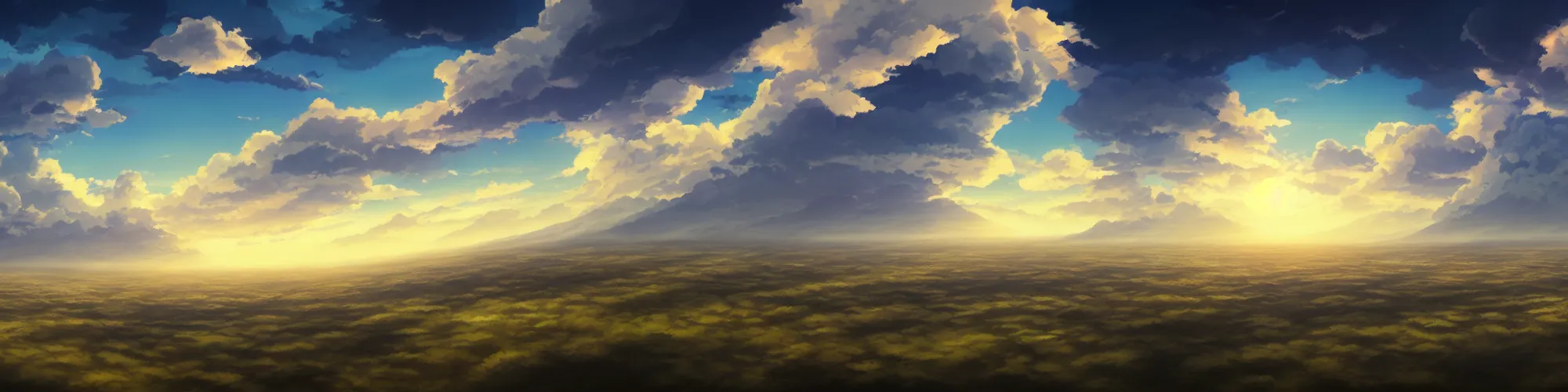 Image similar to panorama view of the sky. matte painting, anime, studio ghibli. professional digital painting, artstation, concept art, smooth, beautiful, cinematic. no mountains and trees.