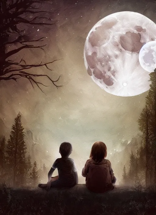 Prompt: a painting of a werewolf at night sitting next to a human child in front of full moon, mysterious atmosphere, fantasy art, matte painting