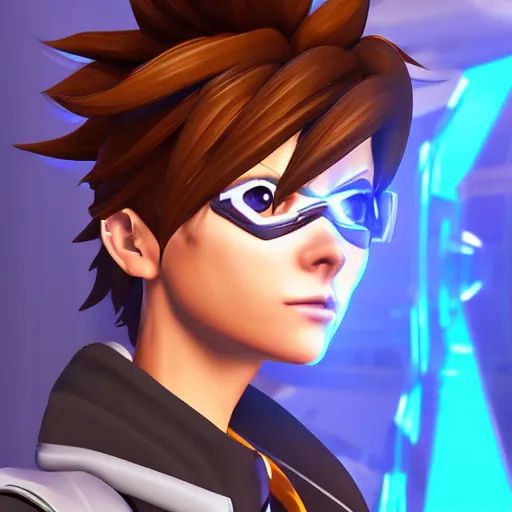 Image similar to accurate digital 3 d artwork of tracer from the game overwatch, facial features, eyes,