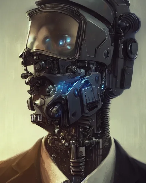 Image similar to a rugged young engineer man with cybernetic enhancements wearing a suit and bowtie, detailed face with mask, scifi character portrait by greg rutkowski, esuthio, craig mullins, 1 / 4 headshot, cinematic lighting, dystopian scifi gear, gloomy, profile picture, mechanical, half robot, implants, steampunk