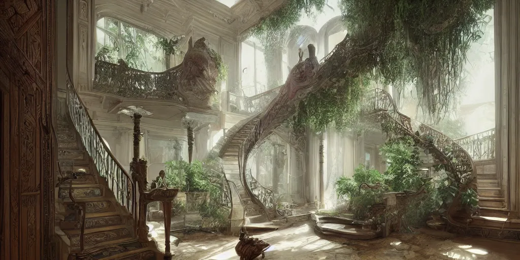 Image similar to photo of a beautiful living room in a mansion with lots of vegetation. architecture. comfortable. stairs. trending on artstation. cgsociety. art by greg rutkowski and moebius, detailed hutra, engraving, precision, cinematic light