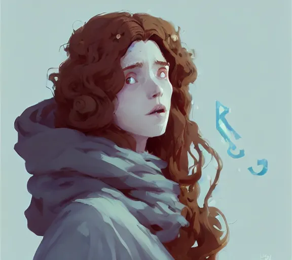 Image similar to portrait woman with long ginger curly hair, cloak with runes, by atey ghailan, by greg rutkowski, by greg tocchini, by james gilleard, by joe fenton, by kaethe butcher, by ashley wood, dynamic lighting, gradient light blue, brown, blonde cream and white color scheme, grunge aesthetic