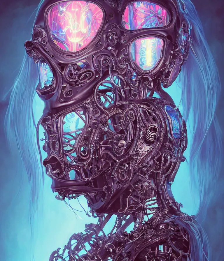 Image similar to fully symmetrical centered iridescent portrait of a beautiful princess of death in robe. skulls artificial muscles, ribcage, bones, hard surface modelling. cyberpunk look. biomechanical mask. bio luminescent biomechanical halo around head. neon jellyfish. artwork by jarold Sng by artgerm, by Eddie Mendoza, by Peter mohrbacher by tooth wu, unreal engine, octane render, cinematic light, high details, iridescent colors, dichroic, macro, depth of field, blur