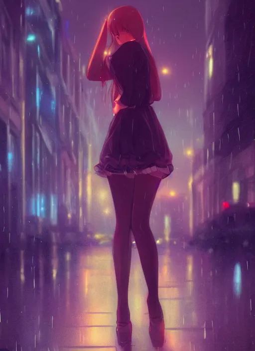 Image similar to listening to music at 2 am, night, pretty girl, pose, rain, lofi, lofi, peaceful, street light, anime key visual, poster, anime, by wlop, high quality, 4 k, trending, trending on artstation