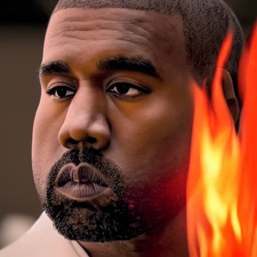 Prompt: cinematic film still of Kanye West starring as a Japanese Sensei with fire, Japanese CGI, VFX, 2020, 40mm lens, shallow depth of field, film photography