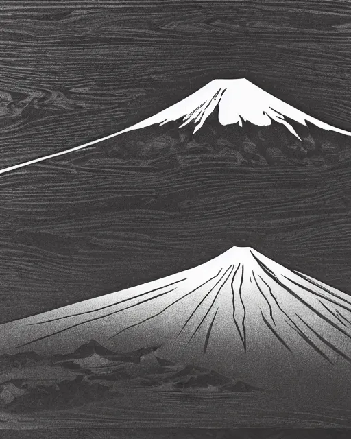 Image similar to an award winning Wood engraving on paper of Mount Fuji, HDR